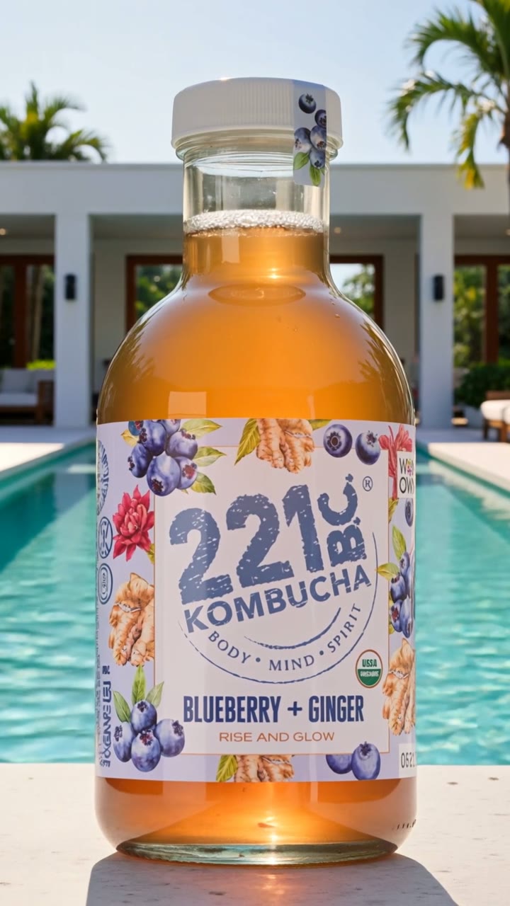 A blueberry and ginger kombucha bottle moving through bright studio, garden and city settings