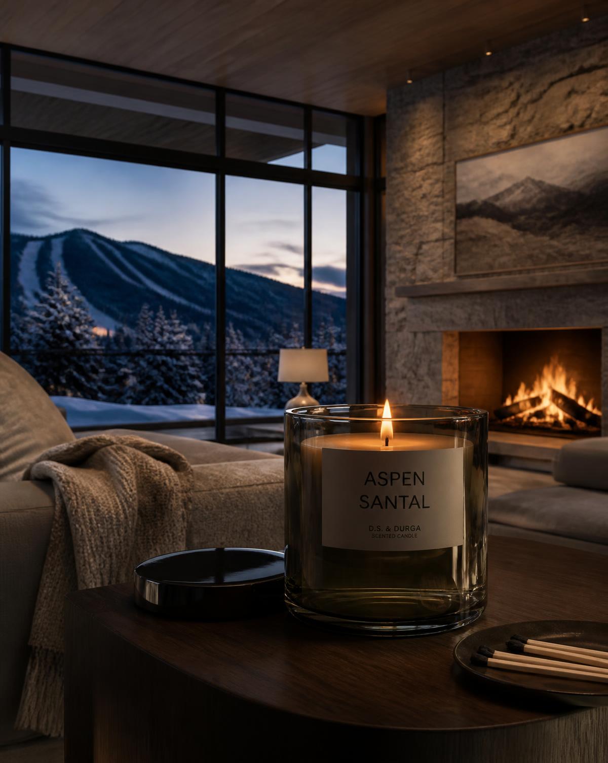 Aspen Santal candle photographed in a seasonal world