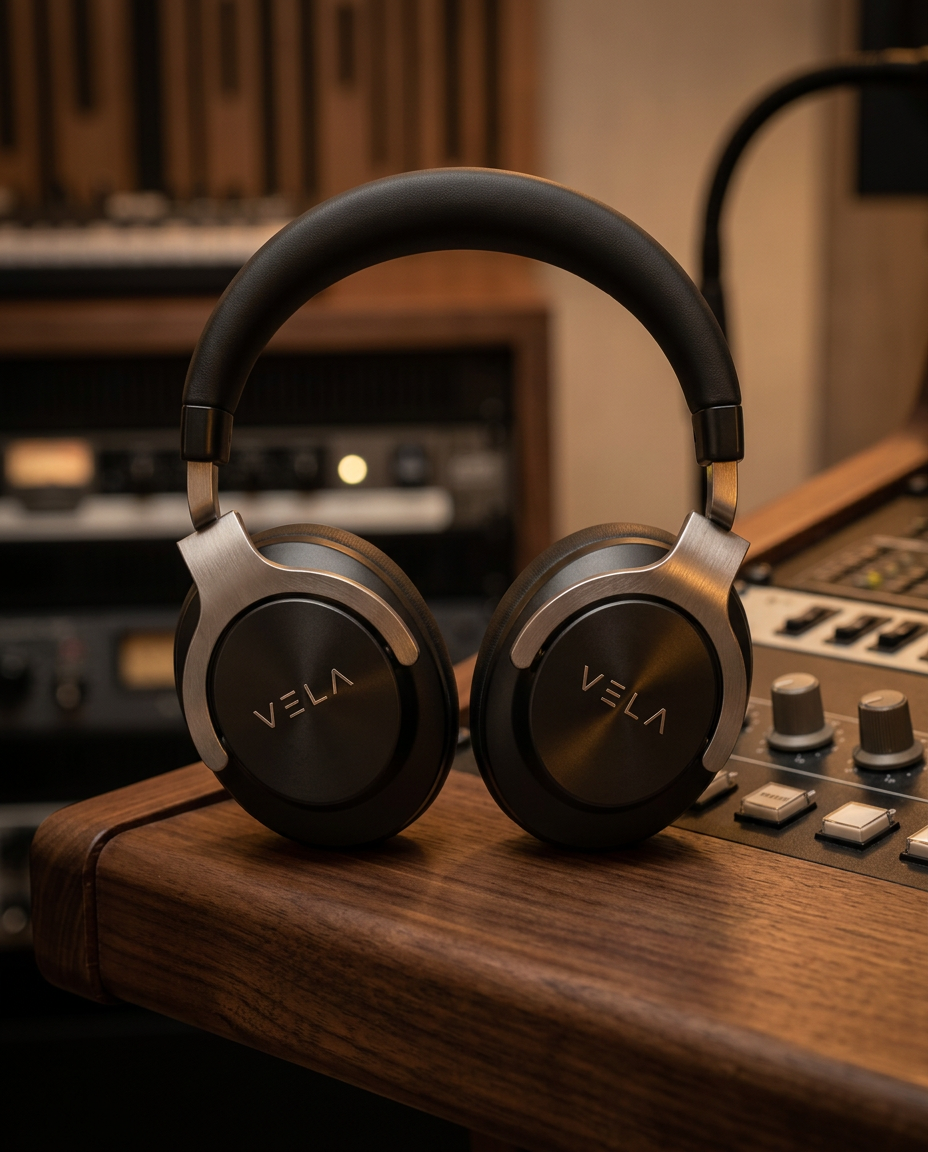 The exact same VELA headphones composited onto a studio console in warm low light