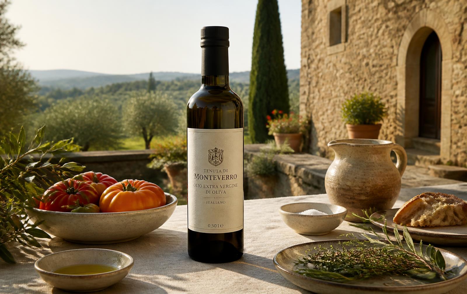 A bottle of olive oil photographed on a sunlit Tuscan stone ledge