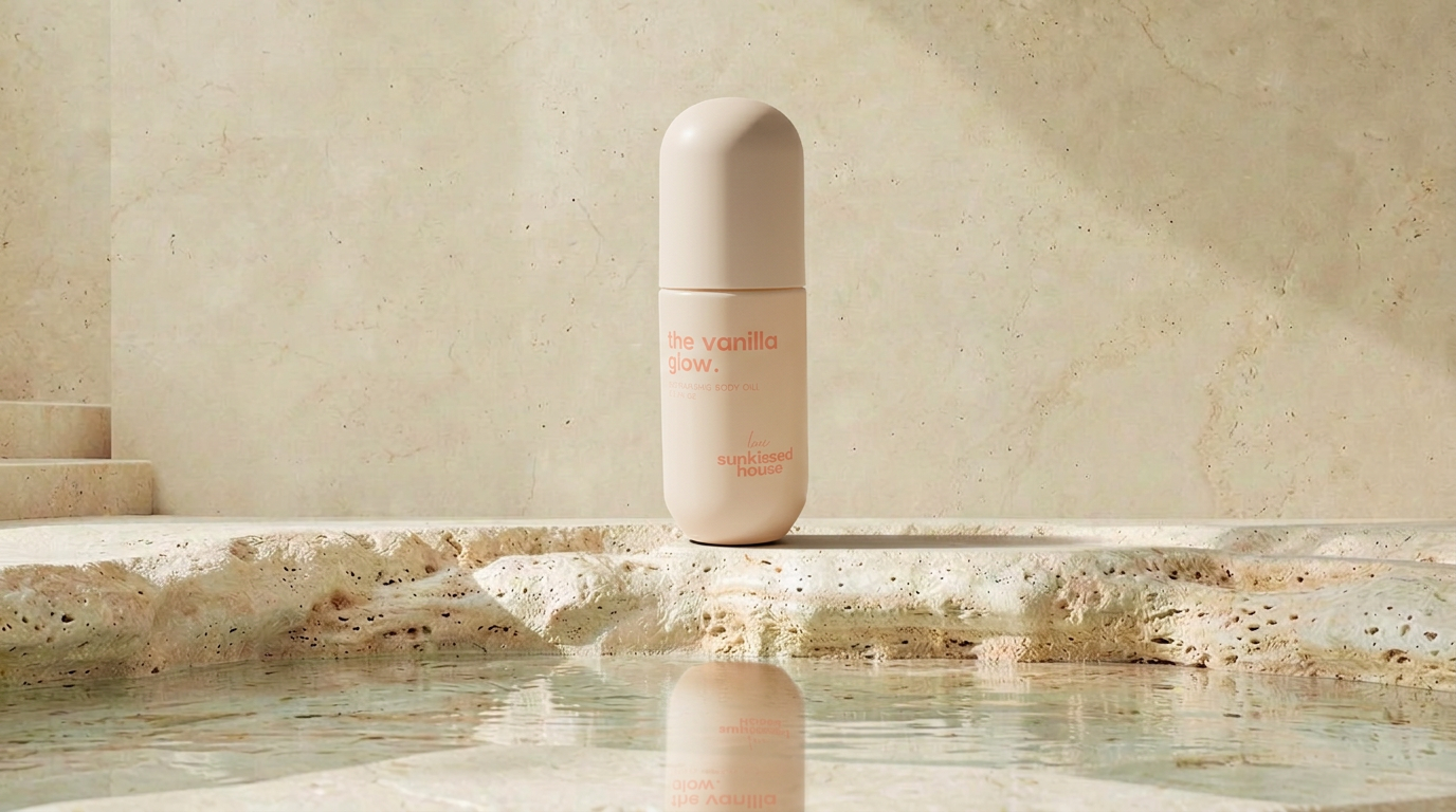 A finished PLACED campaign image of a body oil bottle in a warm travertine setting